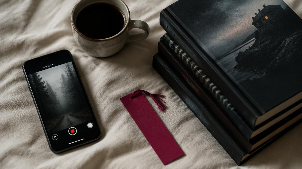 Phone recording Instagram Reels ideas for thriller authors beside dark hardcovers