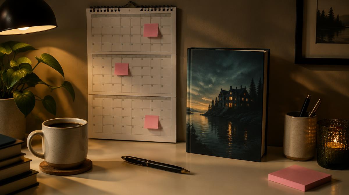 Book launch marketing plan calendar with pink notes beside a new mystery novel