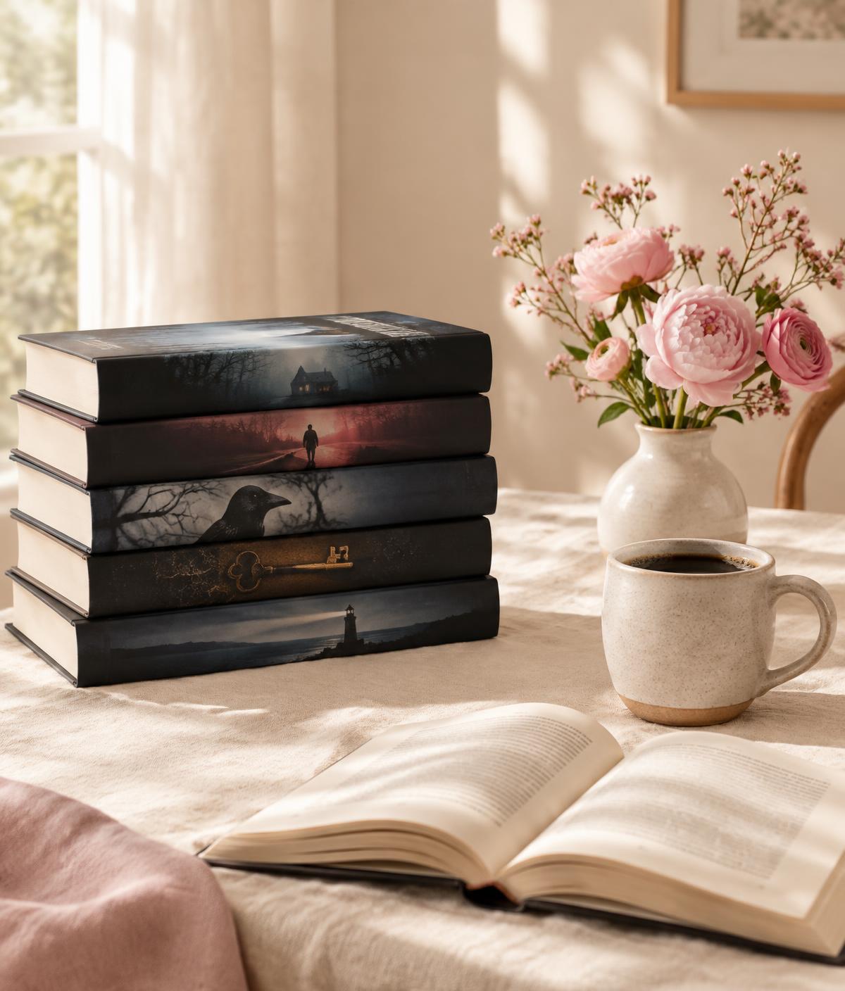 A stack of thriller novels beside coffee and pink flowers